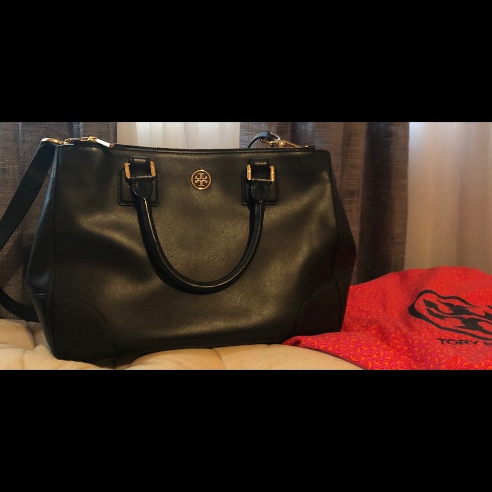 Tory Burch Black Leather Satchel with Gold-Tone Logo